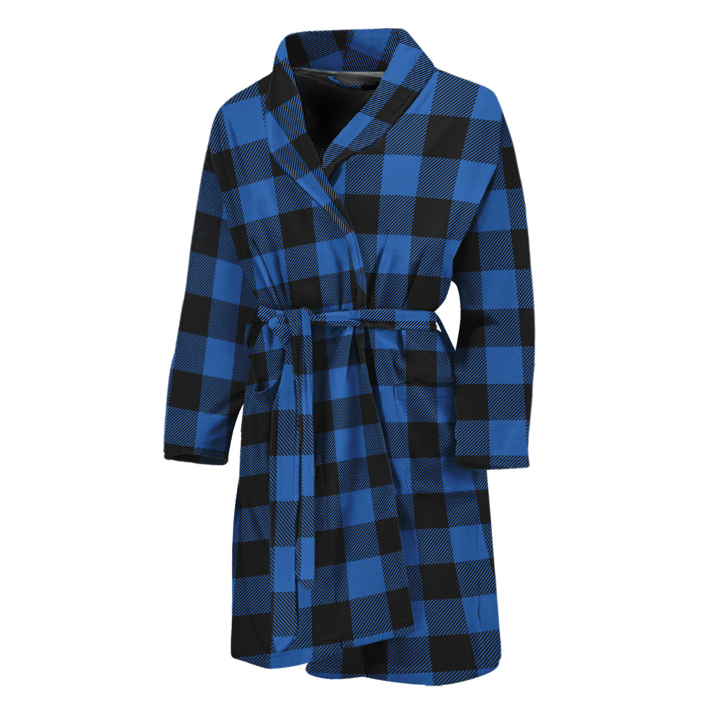 Blue And Black Buffalo Plaid Print Men's Bathrobe