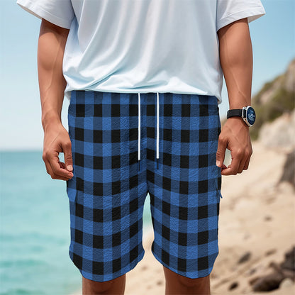 Blue And Black Buffalo Plaid Print Men's Cargo Shorts