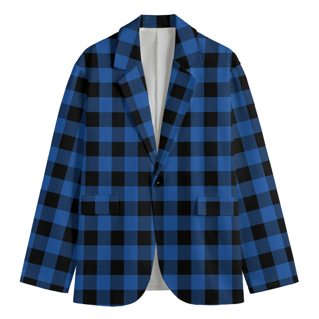 Blue And Black Buffalo Plaid Print Men's Cotton Blazer