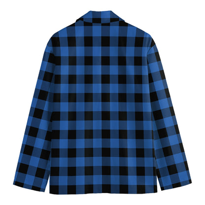 Blue And Black Buffalo Plaid Print Men's Cotton Blazer