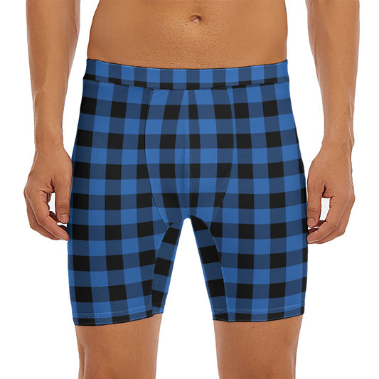 Blue And Black Buffalo Plaid Print Men's Long Boxer Briefs