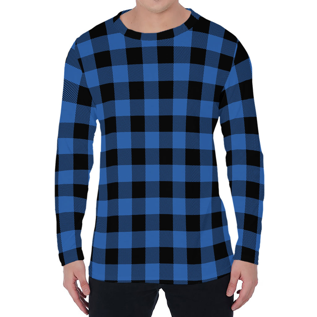 Blue And Black Buffalo Plaid Print Men's Long Sleeve T-Shirt