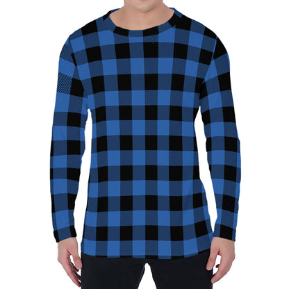 Blue And Black Buffalo Plaid Print Men's Long Sleeve T-Shirt