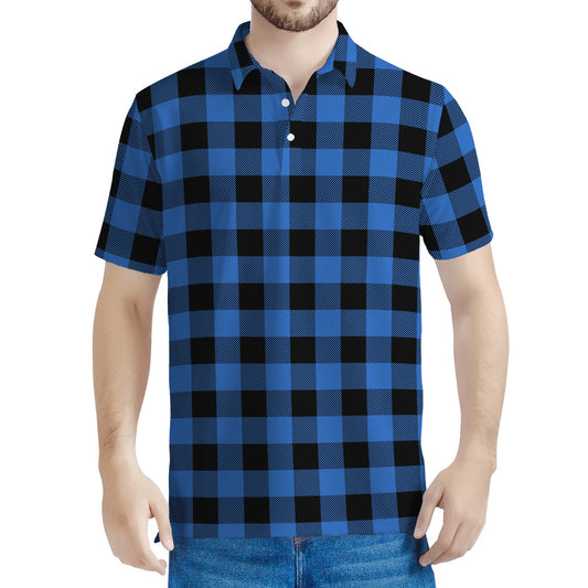 Blue And Black Buffalo Plaid Print Men's Polo Shirt