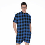 Blue And Black Buffalo Plaid Print Men's Rompers