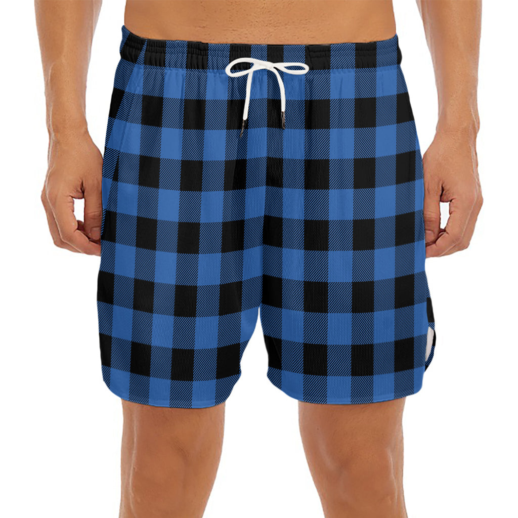 Blue And Black Buffalo Plaid Print Men's Split Running Shorts