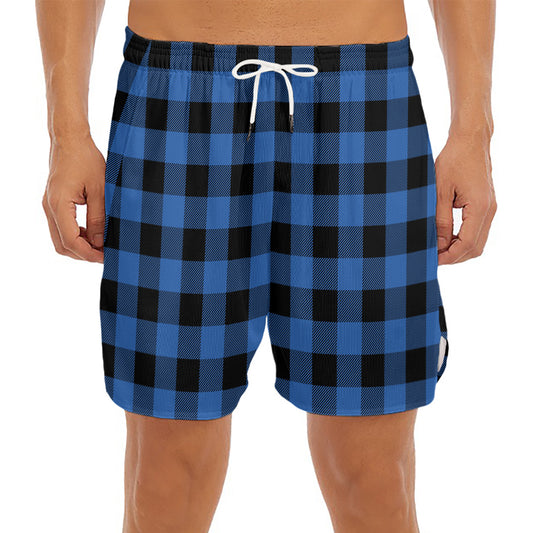 Blue And Black Buffalo Plaid Print Men's Split Running Shorts