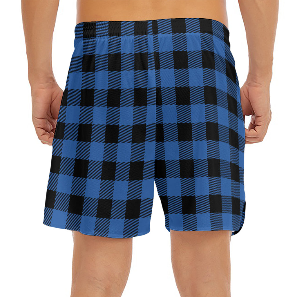 Blue And Black Buffalo Plaid Print Men's Split Running Shorts