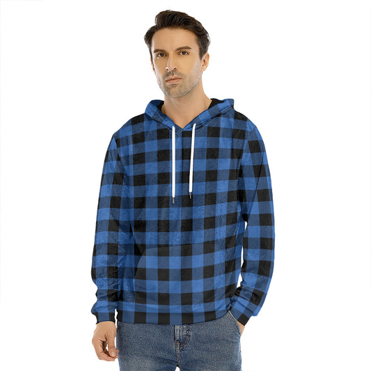 Blue And Black Buffalo Plaid Print Men's Velvet Pullover Hoodie