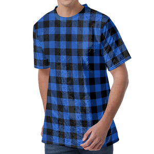 Blue And Black Buffalo Plaid Print Men's Velvet T-Shirt