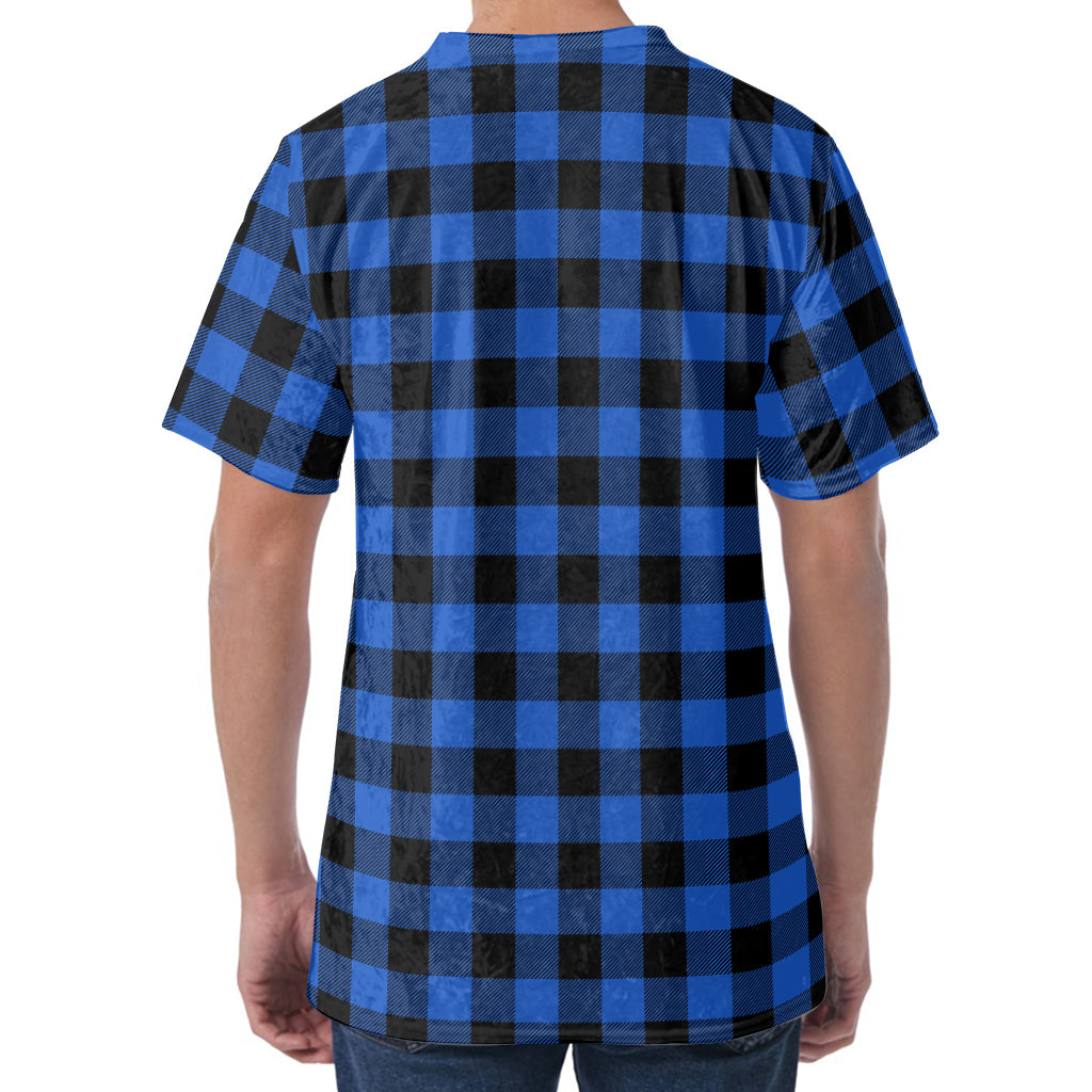 Blue And Black Buffalo Plaid Print Men's Velvet T-Shirt