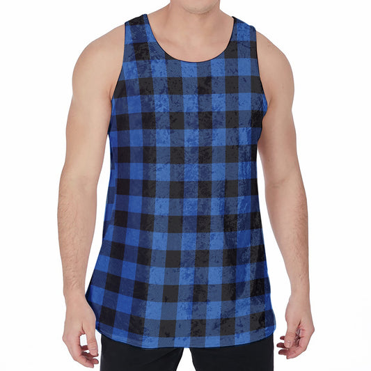 Blue And Black Buffalo Plaid Print Men's Velvet Tank Top