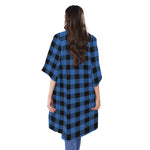 Blue And Black Buffalo Plaid Print Open Front Beach Cover Up