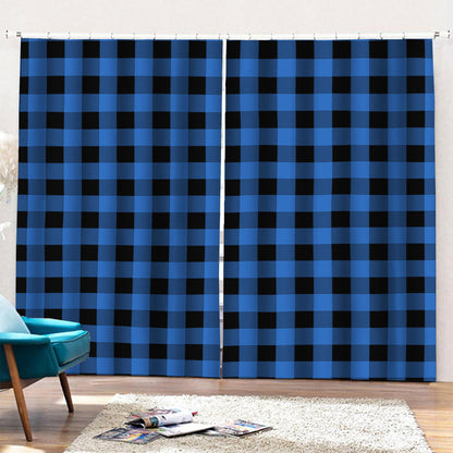 Blue And Black Buffalo Plaid Print Pencil Pleat Curtains