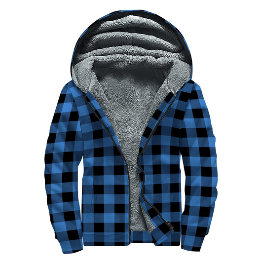 Blue And Black Buffalo Plaid Print Sherpa Lined Zip Up Hoodie