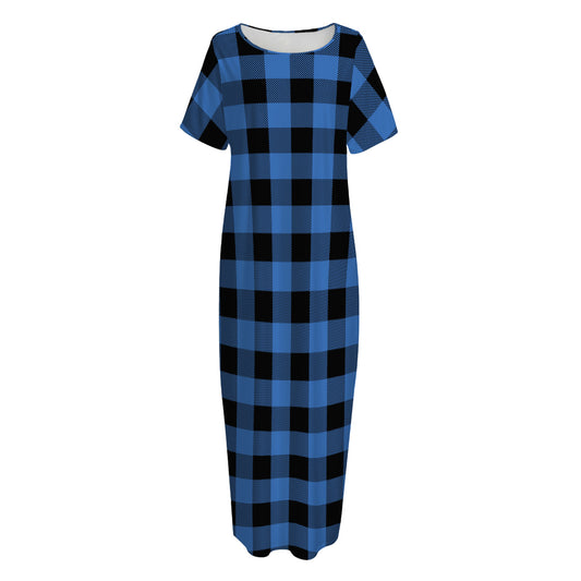 Blue And Black Buffalo Plaid Print Short Sleeve Long Nightdress