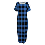 Blue And Black Buffalo Plaid Print Short Sleeve Long Nightdress