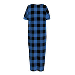Blue And Black Buffalo Plaid Print Short Sleeve Long Nightdress