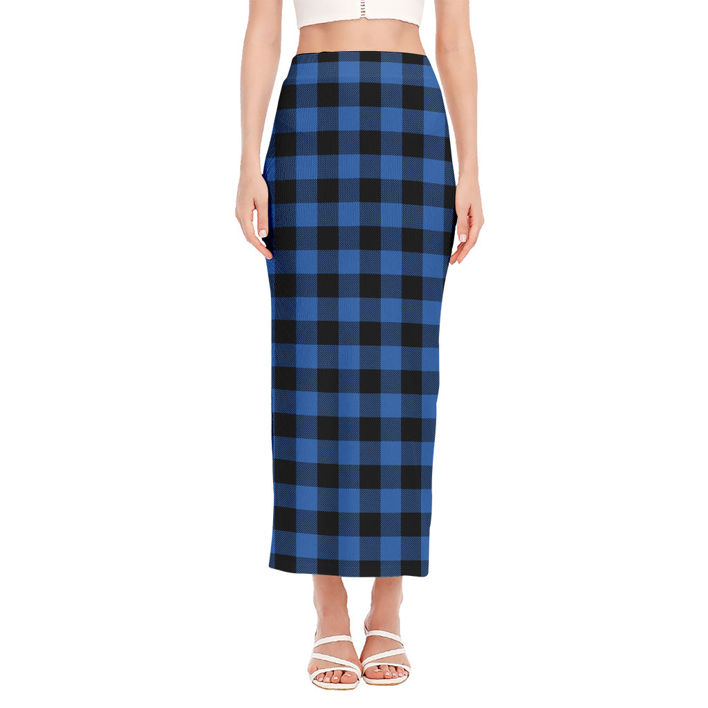 Blue And Black Buffalo Plaid Print Side Slit Maxi Skirt