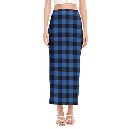 Blue And Black Buffalo Plaid Print Side Slit Maxi Skirt