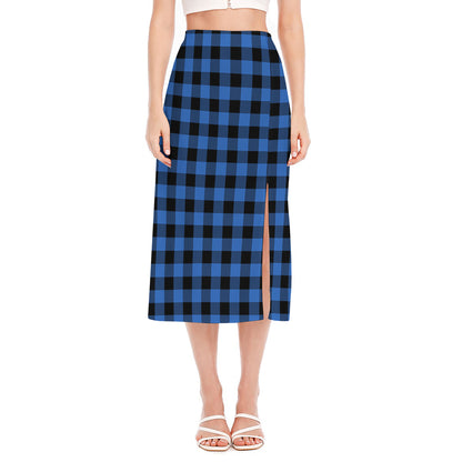 Blue And Black Buffalo Plaid Print Side Slit Midi Skirt
