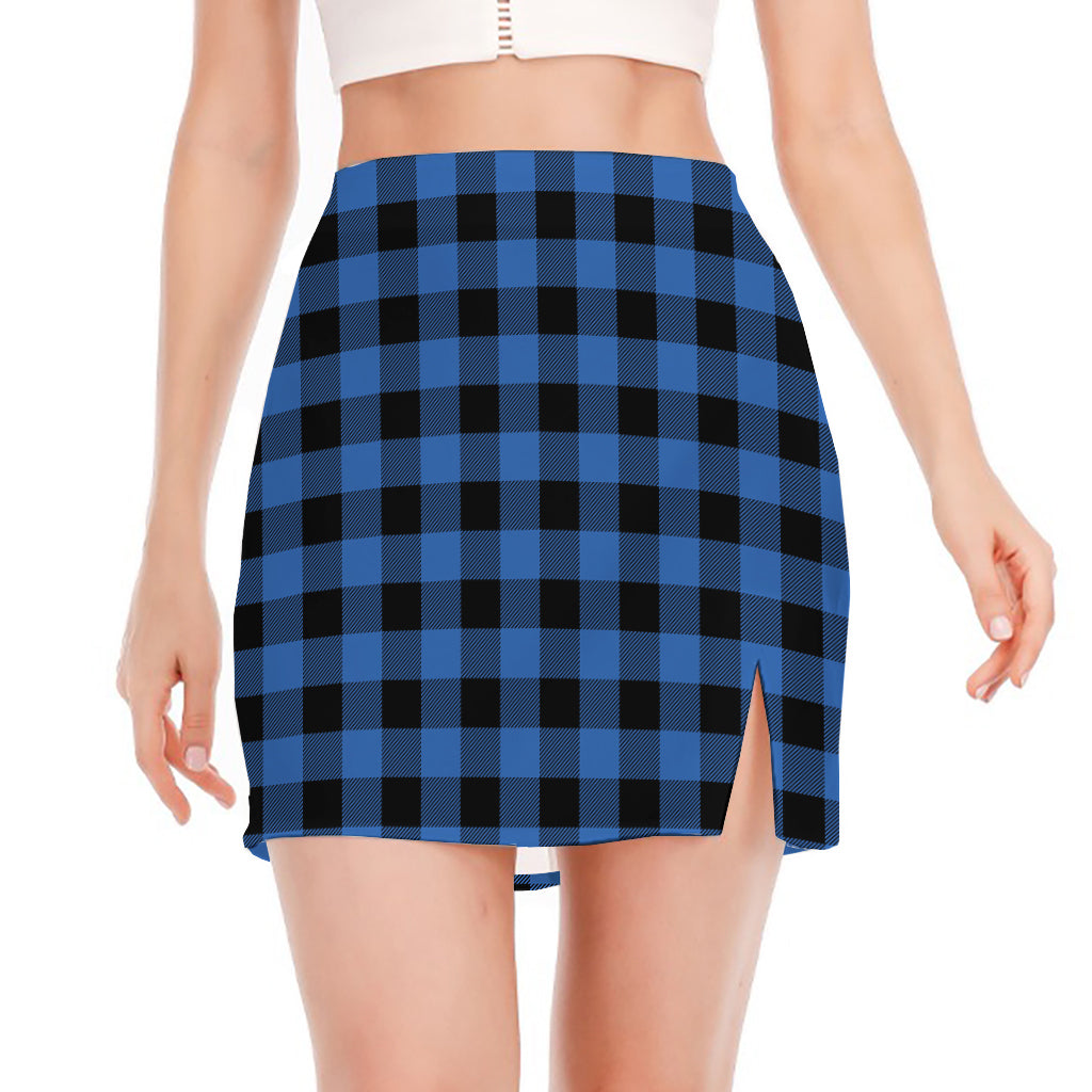 Blue And Black Buffalo Plaid Print Side Slit Mini Skirt