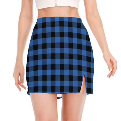 Blue And Black Buffalo Plaid Print Side Slit Mini Skirt