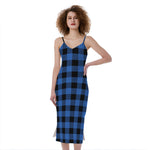 Blue And Black Buffalo Plaid Print Slim Fit Midi Cami Dress