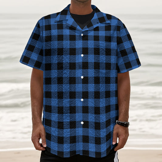Blue And Black Buffalo Plaid Print Textured Short Sleeve Shirt