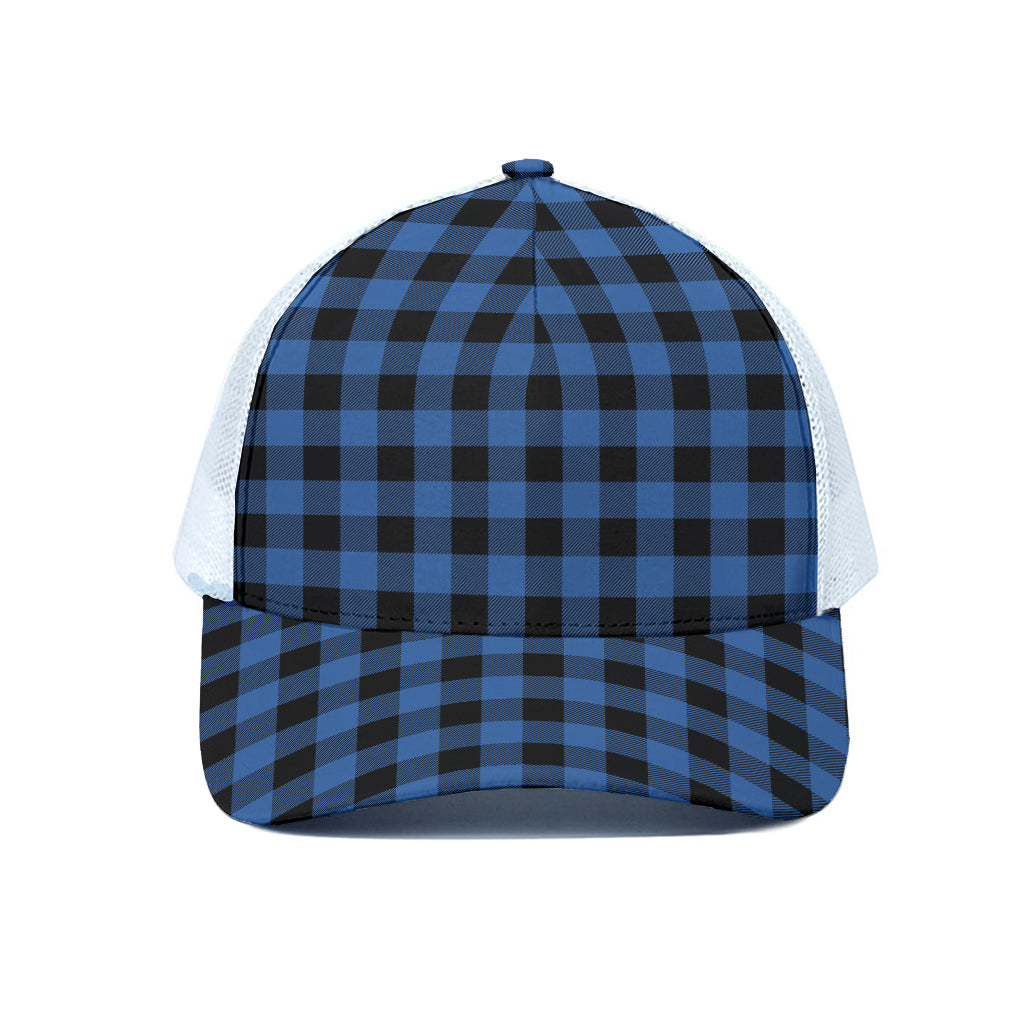 Blue And Black Buffalo Plaid Print White Mesh Trucker Cap