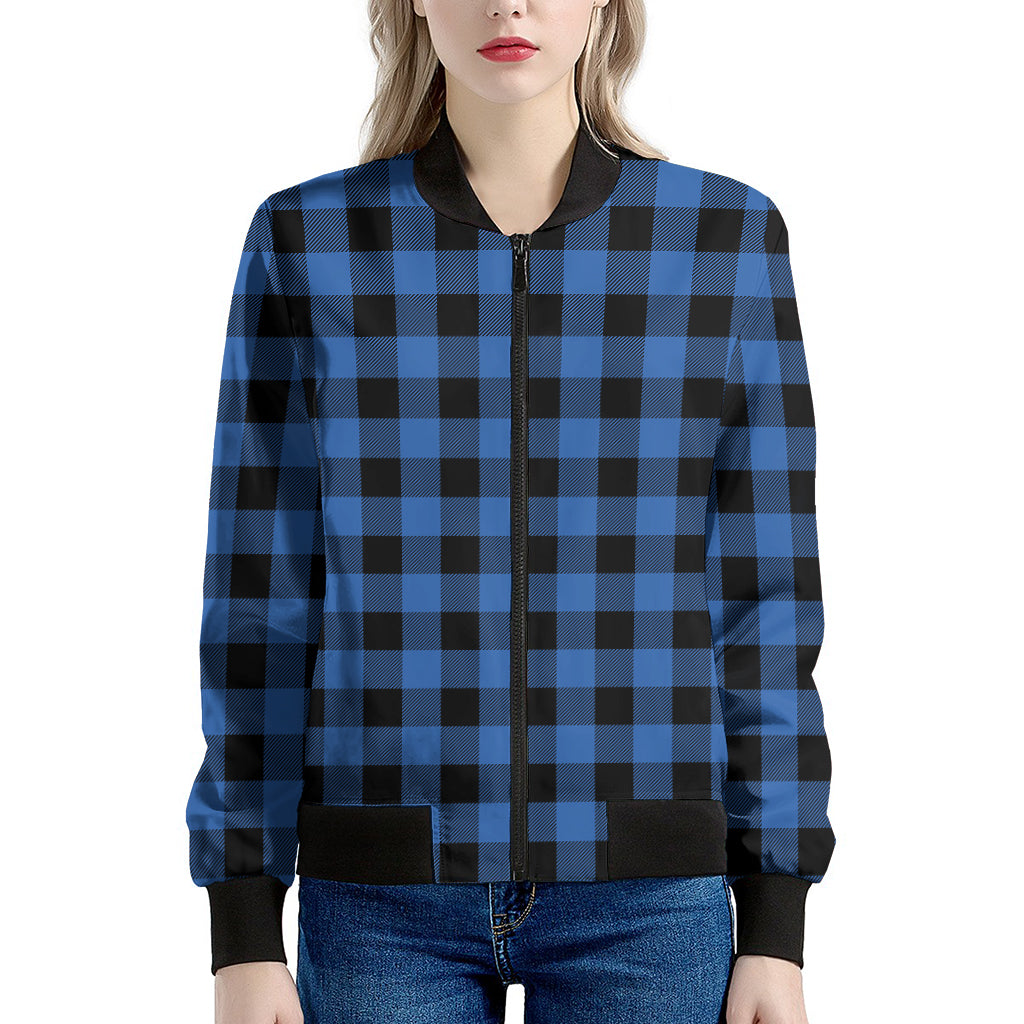 Blue And Black Buffalo Plaid Print Women's Bomber Jacket