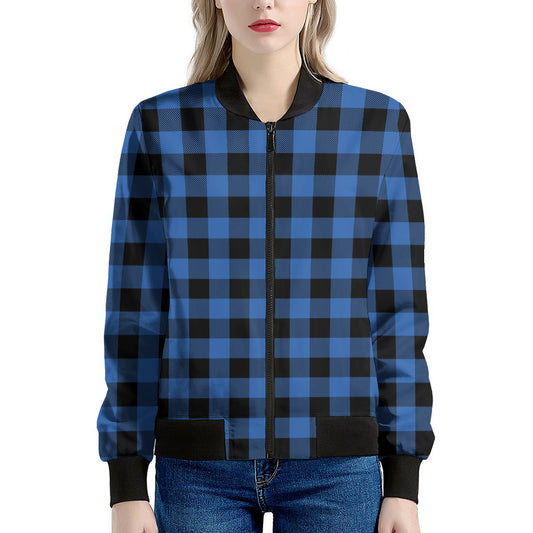 Blue And Black Buffalo Plaid Print Women's Bomber Jacket