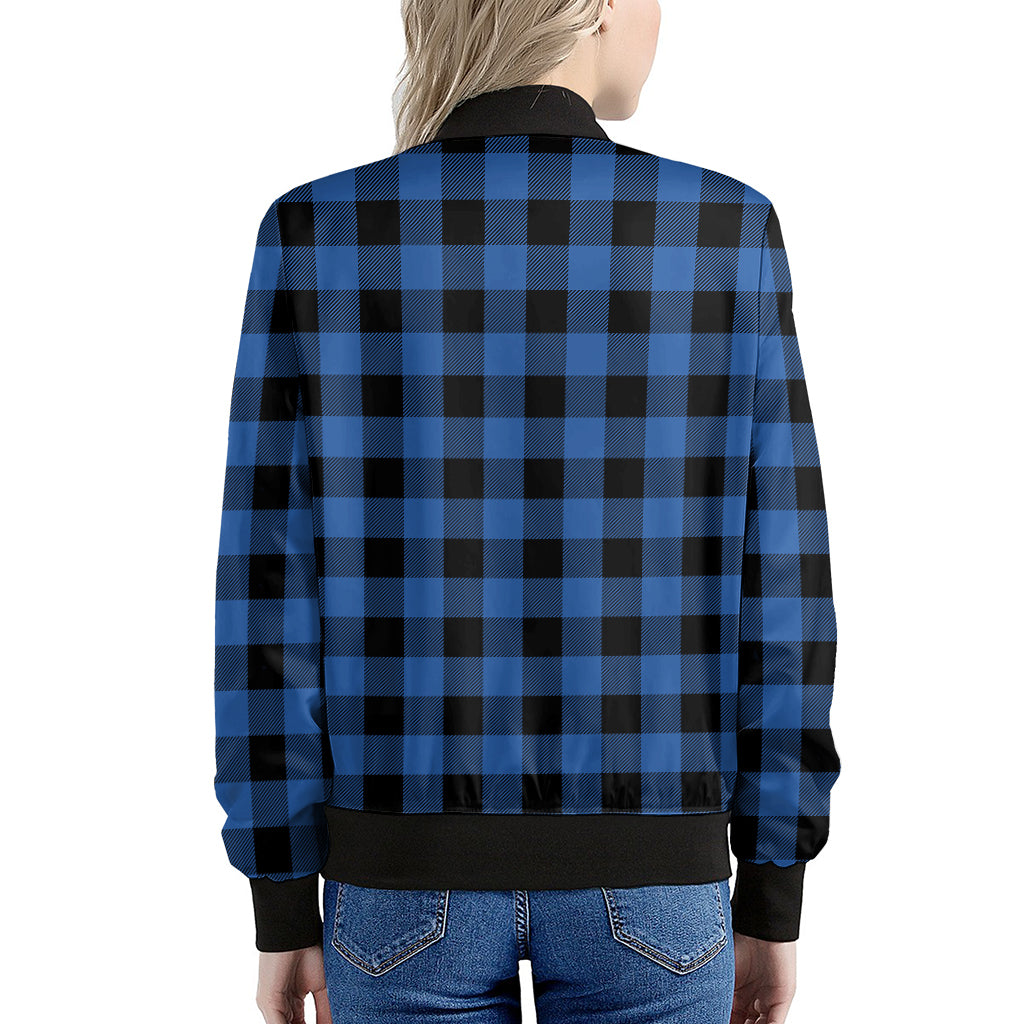 Blue And Black Buffalo Plaid Print Women's Bomber Jacket