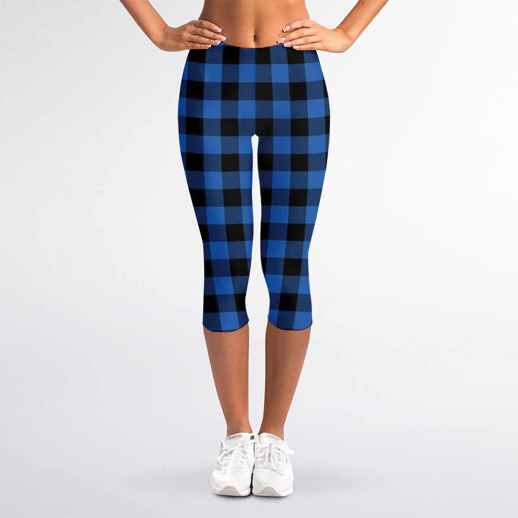 Blue And Black Buffalo Plaid Print Women's Capri Leggings