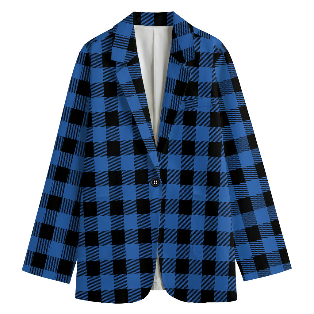 Blue And Black Buffalo Plaid Print Women's Cotton Blazer