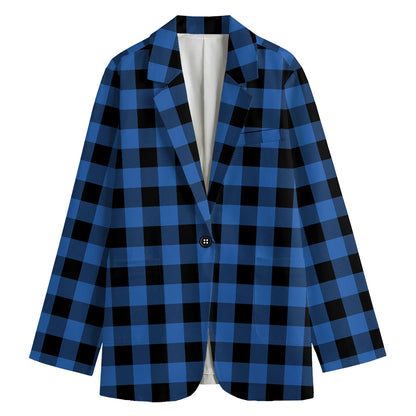 Blue And Black Buffalo Plaid Print Women's Cotton Blazer