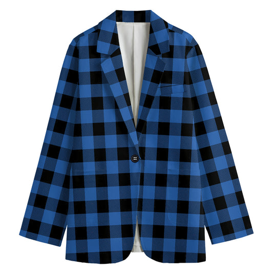 Blue And Black Buffalo Plaid Print Women's Cotton Blazer