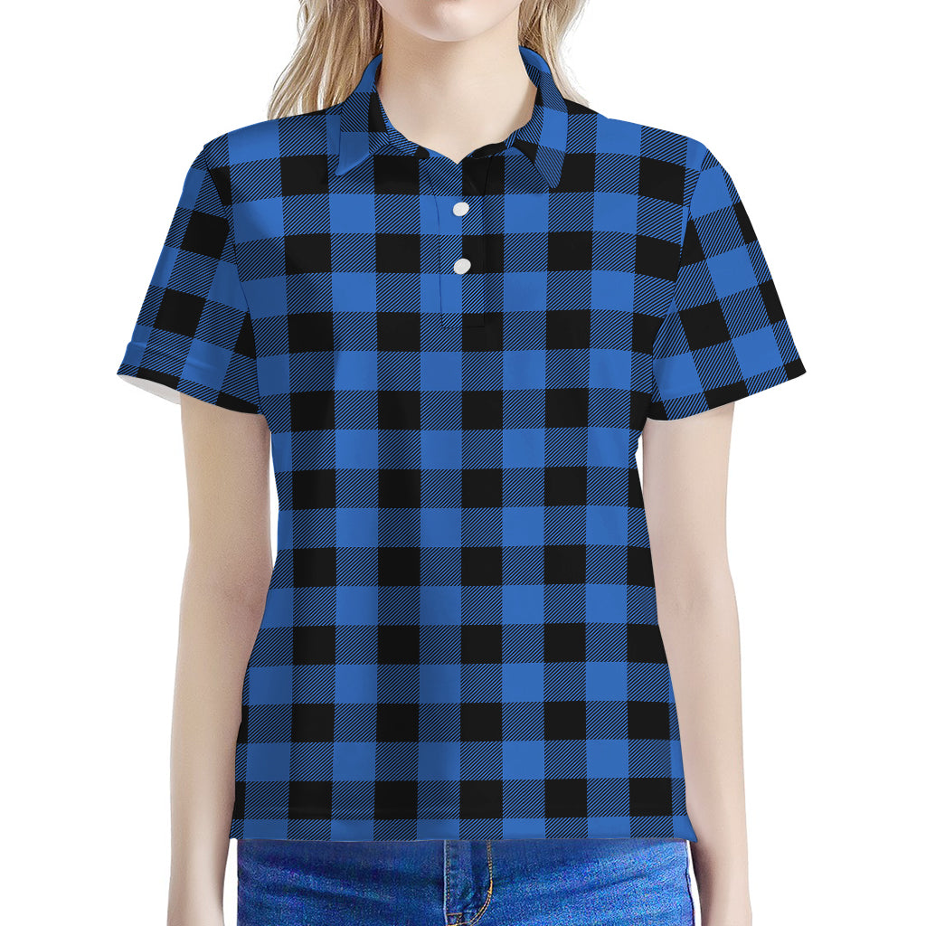 Blue And Black Buffalo Plaid Print Women's Polo Shirt