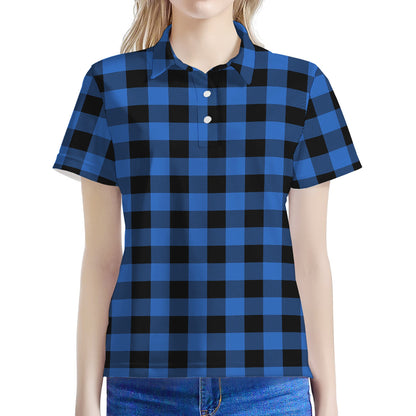 Blue And Black Buffalo Plaid Print Women's Polo Shirt