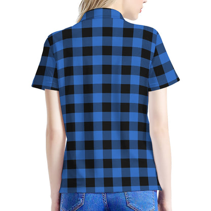 Blue And Black Buffalo Plaid Print Women's Polo Shirt