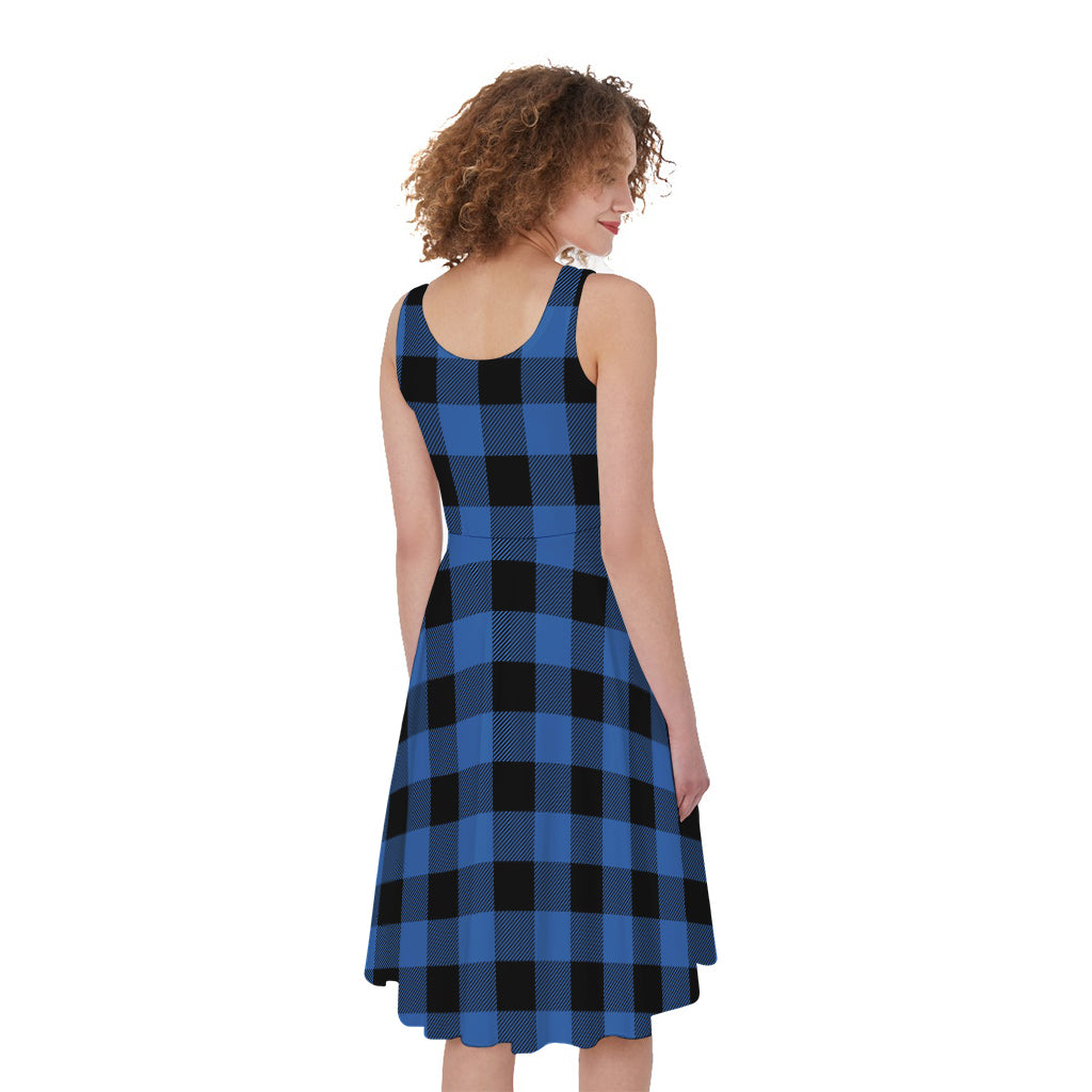 Blue And Black Buffalo Plaid Print Women's Sleeveless Dress