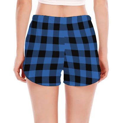 Blue And Black Buffalo Plaid Print Women's Split Running Shorts