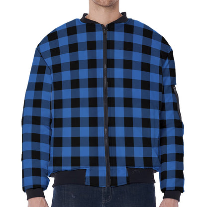 Blue And Black Buffalo Plaid Print Zip Sleeve Bomber Jacket