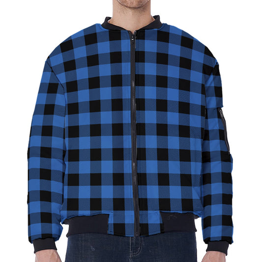 Blue And Black Buffalo Plaid Print Zip Sleeve Bomber Jacket