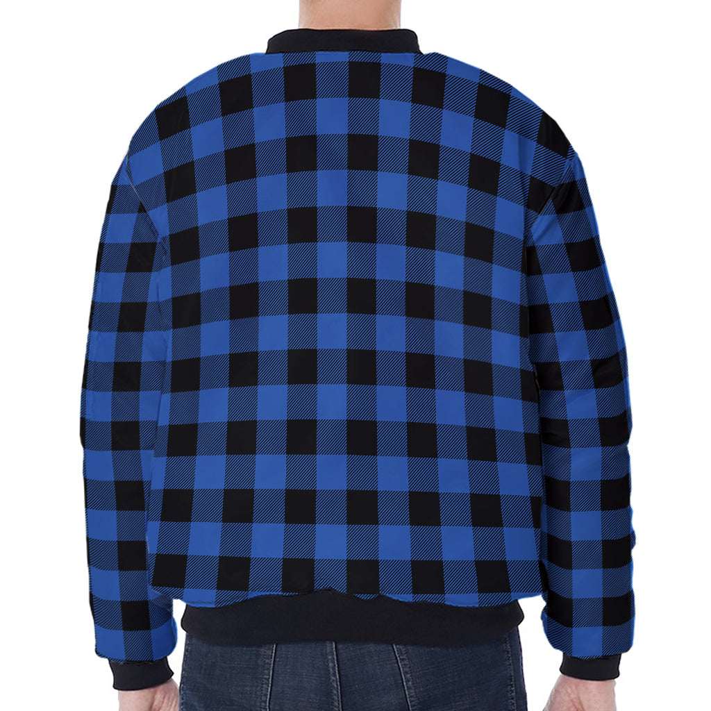 Blue And Black Buffalo Plaid Print Zip Sleeve Bomber Jacket