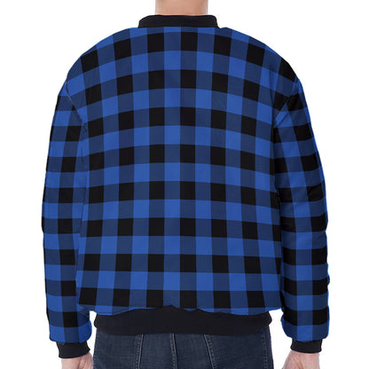 Blue And Black Buffalo Plaid Print Zip Sleeve Bomber Jacket