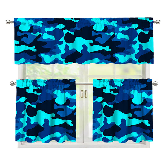 Blue And Black Camouflage Print 3 Piece Kitchen Curtains