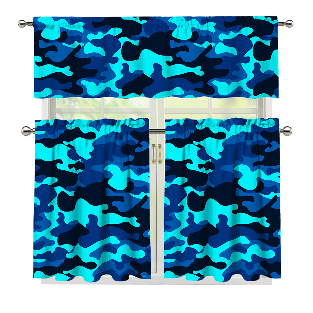 Blue And Black Camouflage Print 3 Piece Kitchen Curtains