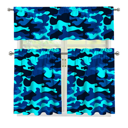 Blue And Black Camouflage Print 3 Piece Kitchen Curtains