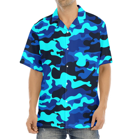 Blue And Black Camouflage Print Aloha Shirt